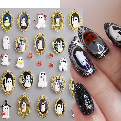 Halloween Ghost and Spider Nail Stickers - Relief Spider Variation, 5D Self-Adhesive Nail Art Decals, 2 Sheets