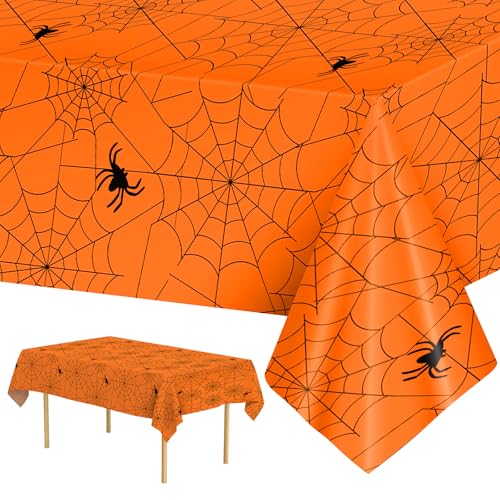 Halloween Spider Web Tablecloth - Orange Disposable Plastic Cover, 108x54 Inch, Set of 2