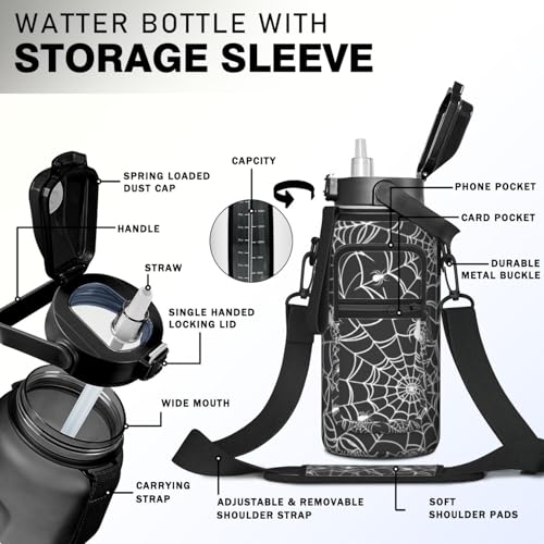 Halloween Spider Web Half Gallon Water Bottle with Sleeve - 64 OZ - Witchy Gift