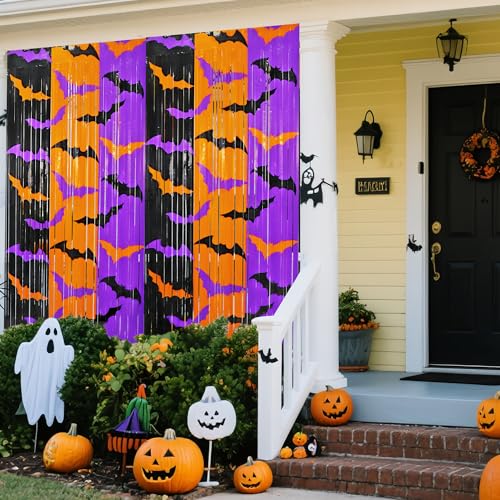 Halloween Foil Fringe Curtains 2 Pack - Orange Purple Black Bat Pattern Party Backdrop