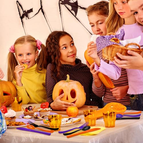 Halloween Plastic Spoons Set - Black, Orange & Purple Disposable Cutlery - 60 Pcs