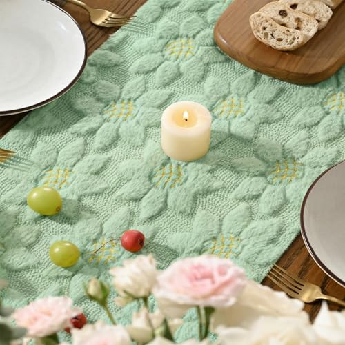 Green Faux Fur Sunflower Table Runner - 13x48 Inch Home Dining Decor
