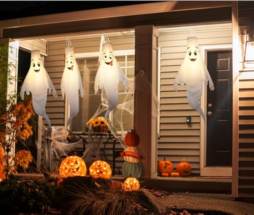 Halloween Ghost Decorations Outdoor Set - 4 Cute Hanging Ghosts with Timer & Waterproof LED Lights - Black+Pink