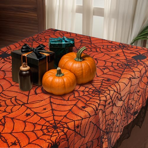 Halloween Spider Web Lace Tablecloth - Black & Orange Rectangular Cover 54x72 Inches