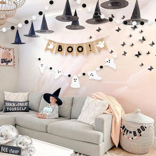 Halloween Burlap Banner and Felt Ghost Garland Set - 4 Pieces Home Decor