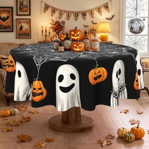 Halloween Black Round Tablecloth 90 Inch Spider Web Ghost Pattern - Party Decor