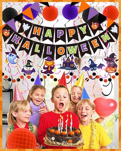 Halloween Party Decorations Kit - Banner, Bunting, Streamers & Poms - Indoor Halloween