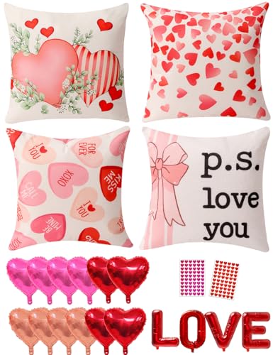 Pink Valentine Pillow Covers Set of 4 16x16 Reversible Double-Sided Decor Kit