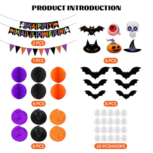 Halloween Decoration Set - Purple, Black & Orange Bundle with Bats & Honeycomb Balls