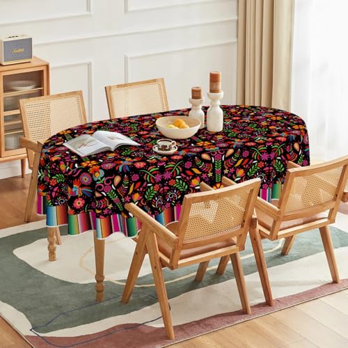 Halloween Cinco De Los Muertos Tablecloth 60x84 Inch Oval Black Stripes Seasonal Table Cover
