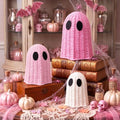 Pink Wicker Ghost Halloween Decor Set - Rustic Rattan Figurines, 3 Pieces