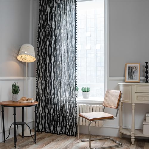Boho Curtains 63 Inch Length Black Stripe Floral Tassel Drapes for Kitchen & Dining Room - Pack of 1