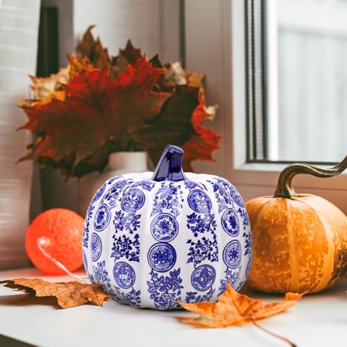 Blue and White Ceramic Pumpkin Decoration with Circular Pattern - 8 Inch