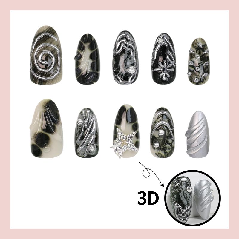 Aoustratum Halloween Goth Short Almond Press On Nails with Silver Star Rhinestones - Style04