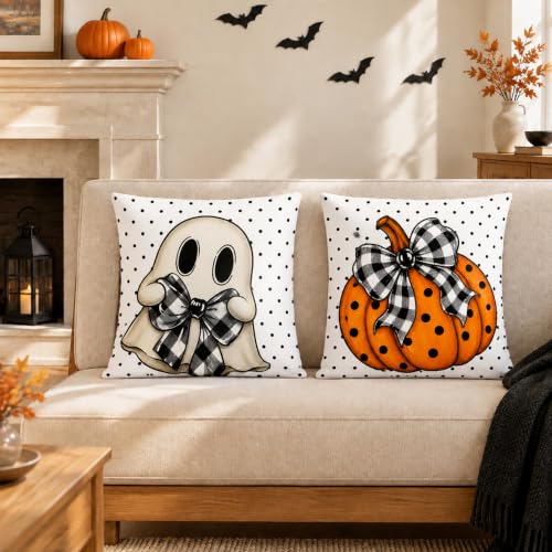 Halloween Pillow Covers 18x18 Set of 2 - Ghost & Pumpkin Farmhouse Decor - White / 18" x 18"
