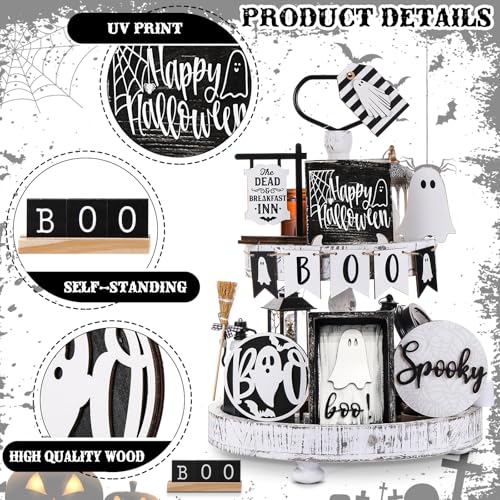 Halloween Ghost Tiered Tray Decorations Set - 19 Wooden Spooky Boo Figures