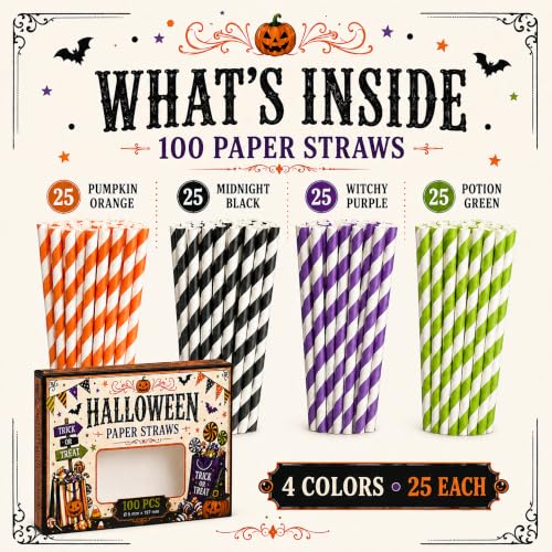 Halloween Paper Straws Pack - 100 Striped Party Drink Stirrers for Fall Events - Orange, Purple, Black & Green