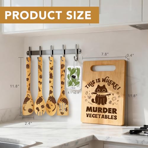 Cute Cat-Themed Cutting Board Set with Spoons & Cleaning Sponge - Black Cat Variation