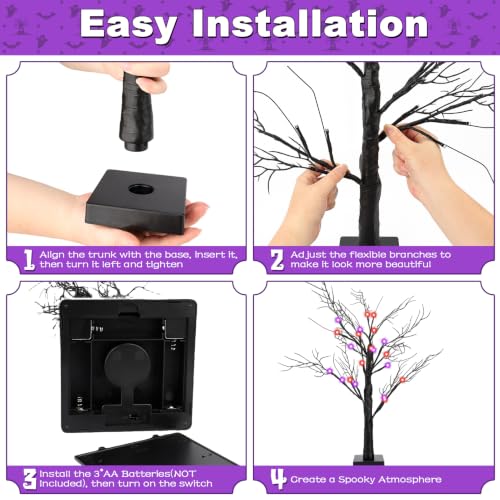 Black Lighted Halloween Tree Set - 24 Inch Indoor Spooky Decor with 2 Pack