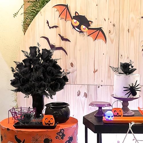 Artificial Black Rose Flowers Bouquet - 4 Pack, Realistic Silk Roses for Halloween & Fall Decor