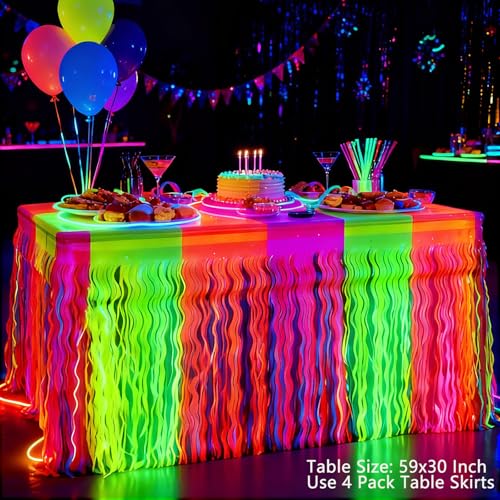 Neon Fluorescent Metallic Tinsel Foil Fringe Table Skirts - 2 Pack, Glow in Dark Party Decor