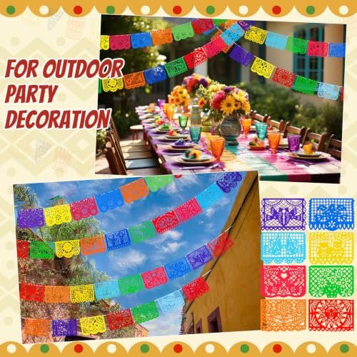 Mexican Party Decorations - Papel Picado Banner Set 131.2 Ft, 8 Designs - Bright & Reusable