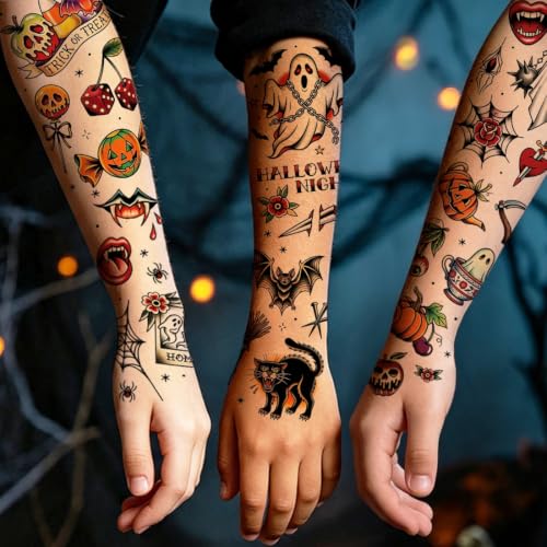 Halloween Temporary Tattoos Set for Kids & Adults - Vintage Retro Designs, 36 Sheets