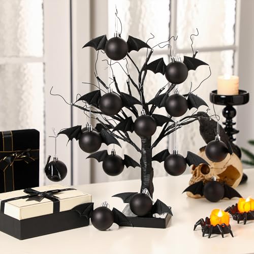 24 Halloween Gothic Bat Ornaments for Tree - Black Bat Decoration Set Variation of Black Bat