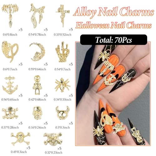 Halloween Nail Charms Set - 70 Gold 3D Skeleton Skull Cross Spiders Spikes