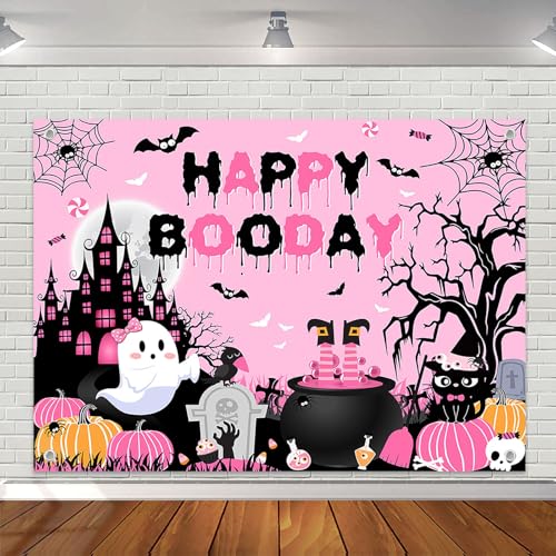Happy Boo Day Banner Backdrop 7x5 ft Pink Halloween Birthday Decorations - Avezano