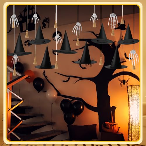 Halloween Hanging Decor Set with Witch Hats Brooms Skeleton Hands - 32 Pieces