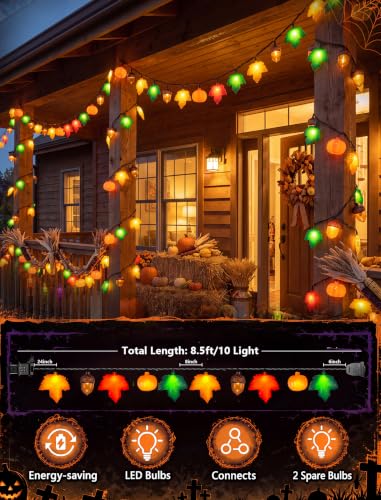 8.5FT Fall Pumpkin Maple Leaf Acorn String Lights - Outdoor Decor, Plug-in, 10 LED