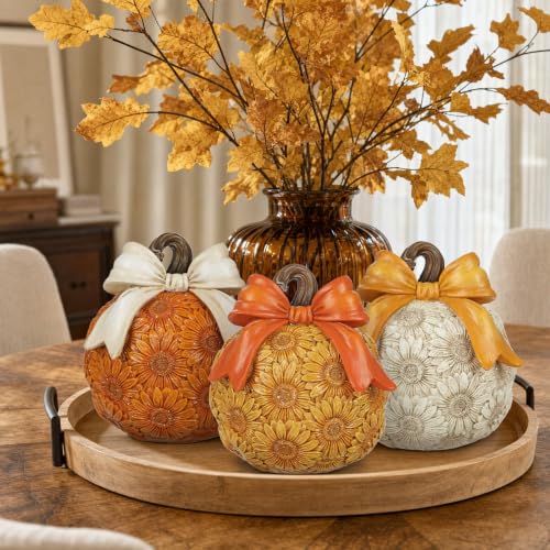 Fall Sunflower Pumpkin Decor Set - 3 Pack Artificial Autumn Pumpkins with Bows - White, Orange, Yellow