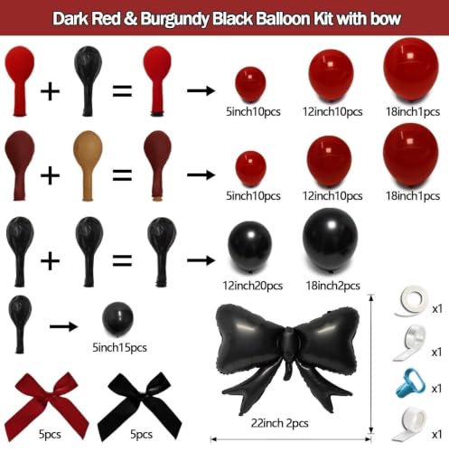 Dark Red Black Balloon Arch Kit with Bow - Burgundy & Maroon Balloon Garland for Birthday Halloween Wedding