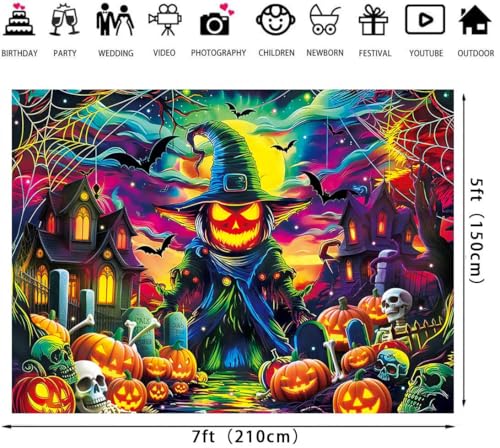 Halloween Pumpkin Photography Backdrop 7x5FT Colorful Spooky Moon Skull Graveyard Scene - Variation of 7x5FT: 84'x60'