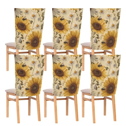 Dining Chair Covers Set of 2 - Sunflowers & Daisy Bees Pattern, Beige, 19.7x23.6 Inches - Halloween & Christmas Decor