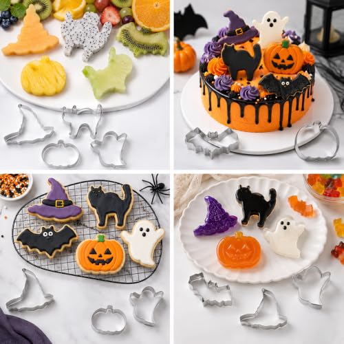 Halloween Cookie Cutters Set - Stainless Steel Bat Witch Hat Pumpkin Ghost Cat with Variation - Silver Halloween Baking Molds