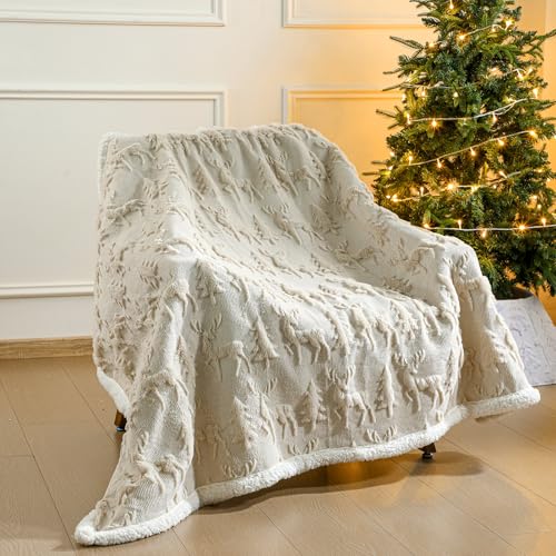 Remagr Beige Reindeer Christmas Sherpa Throw Blanket 50x60in - Double-Sided Plush Cozy Decor