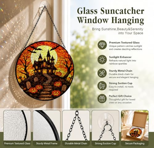 Haunted House Pumpkin Halloween Stained Glass Suncatcher - Color10