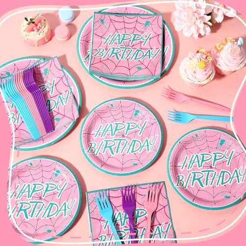 Pink Spider Web Birthday Tableware Set 96 pcs - Happy Birthday Variation