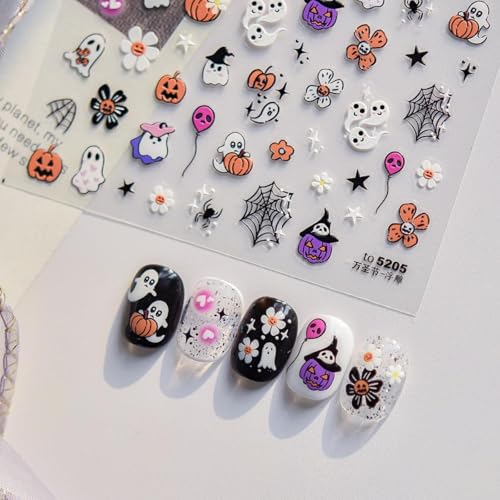 Halloween Nail Stickers 5D Embossed Ghost & Spider Web Designs Color 034