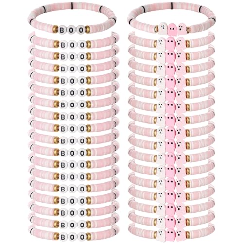 48 Pcs Halloween Party Favors Pink Boo Clay Bead Bracelets Bulk