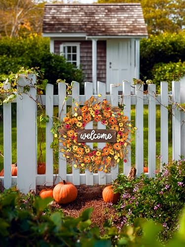 Fall Wreath for Front Door - 26 Inch Autumn Decor with Orange Daisy - Welcome Sign - Variations: Orange Daisy/Welcome Board