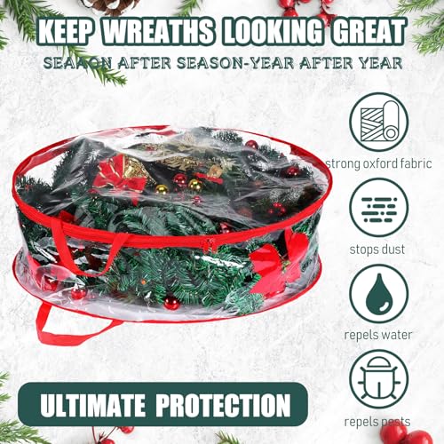 Christmas Wreath Storage Bag - Clear Plastic Container 24 Inch for Decorations - Variation of Red / 6