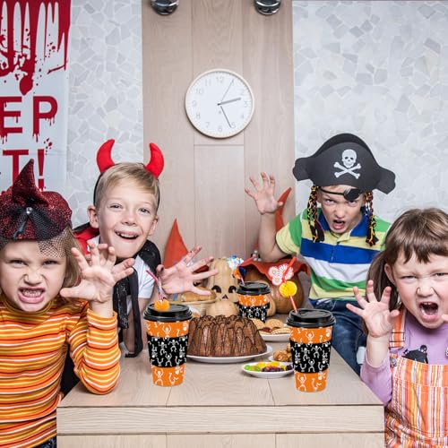 Halloween Skeleton Paper Cups with Lids & Sleeves - 48 Pack, 16oz, Orange Black