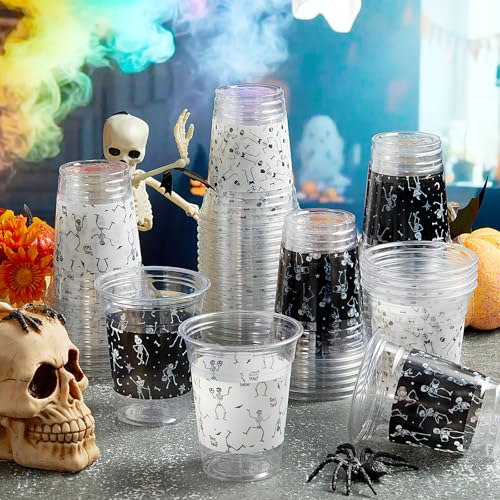 Halloween Skeleton Plastic Cups 12 oz - 100 Pack, Black & White Variation