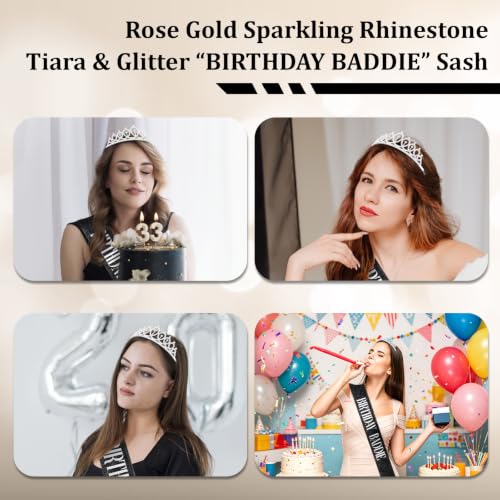 Birthday Baddie Crown and Sash Set for Women - Silver & Black, One Size