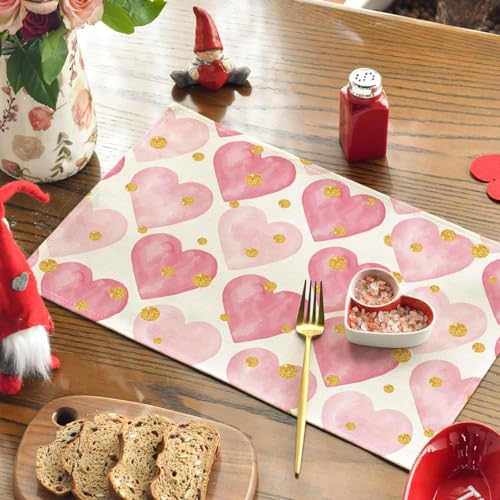 Polka Dot Gold Heart Love Placemats Set of 4 12x18 Inch Table Decor for Dinner Parties