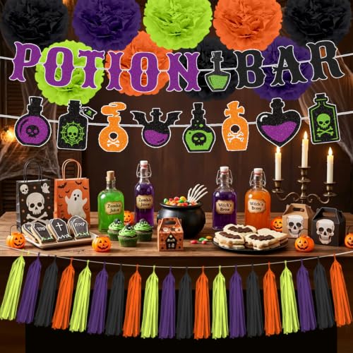 Halloween Potion Bar Decorations Set with Banners and Tassels - Witch Party Supplies