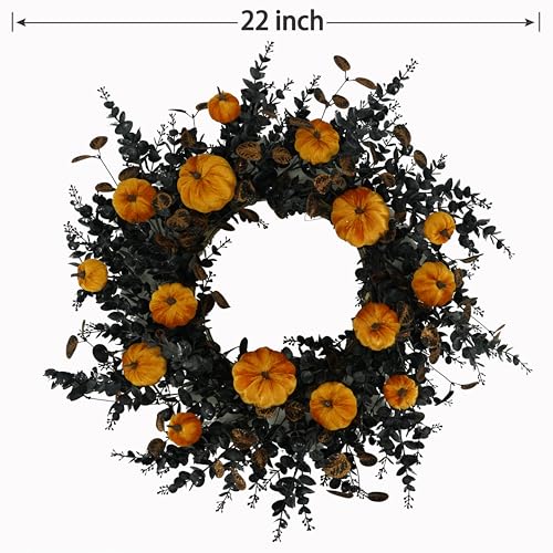 22-Inch Halloween Wreath with Pumpkins and Eucalyptus Leaves - Orange Pumpkin Variation